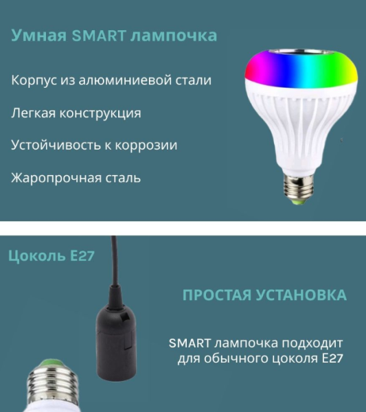 Музыкальная мульти RGB лампа колонка Led Music Bulb с пультом управления / Умная Bluetooth лампочка 16 цветовых эффектов